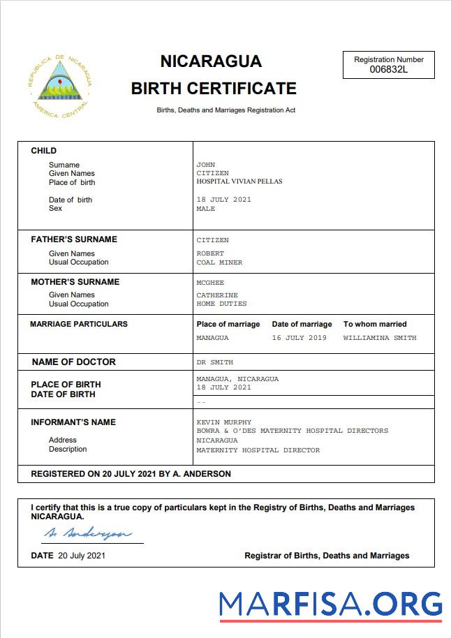 Blank Nicaragua vital record birth certificate Word and PDF template